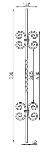 Barreau lisse avec une torsade et  deux motifs de 2 volutes en C, en fer forgé. Hauteur 900mm largeur 140mm carré lisse plein de 12mm, volutes en fer plat de 12x6mm. Fixation par soudure. Fourni brut, à peindre ou à vernir pour protéger de la corrosion. Au delà de son rôle sécuritaire, il peut être un élément décoratif dans plusieurs réalisations en fer forgé tel que du mobiliers, divers objets décoratifs, des grilles de défense, des rampes d'escaliers, des portails, des kiosques, des gardes corps.