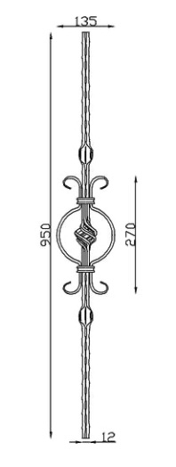 Barreau avec motif central composé de volutes et d'une vrille, en fer forgé. Hauteur 950mm, largeur 135mm, hauteur du motif 270mm, carré martelé plein de 12mm, volute en plat de 12x6mm. Fixation par soudure. Fourni brut, à peindre ou à vernir pour protéger de la corrosion. Au delà de son rôle sécuritaire, il peut être un élément décoratif dans plusieurs réalisations en fer forgé tel que du mobiliers, divers objets décoratifs, des grilles de défense, des rampes d'escaliers, des portails, des kiosques, des gardes corps.