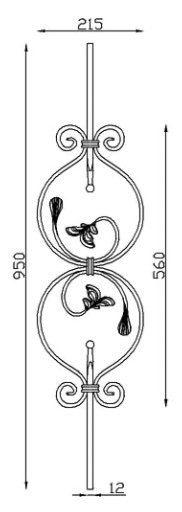 Barreau ornemental avec motif central, panneau décoratif, en fer forgé. Hauteur 950mm Largeur 215mm carré lisse plein de 12mm, hauteur du décor 560mm. Fixation par soudure. Fourni brut, à peindre ou à vernir pour protéger de la corrosion. Au delà de son rôle sécuritaire, il peut être un élément décoratif dans plusieurs réalisations en fer forgé tel que du mobiliers, divers objets décoratifs, des grilles de défense, des rampes d'escaliers, des portails, des kiosques, des gardes corps.