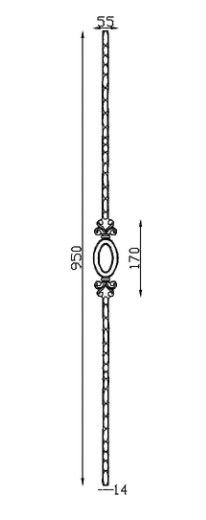 Barreau avec ovale au milieu, en fer forgé. Hauteur 950mm carré <b>martelé</b> plein de 14mm, largeur 55mm, hauteur d'un ovale 170mm. Fixation par soudure. Fourni brut, à peindre ou à vernir pour protéger de la corrosion. Au delà de son rôle sécuritaire, il peut être un élément décoratif dans plusieurs réalisations en fer forgé tel que du mobiliers, divers objets décoratifs, des grilles de défense, des rampes d'escaliers, des portails, des kiosques, des gardes corps.