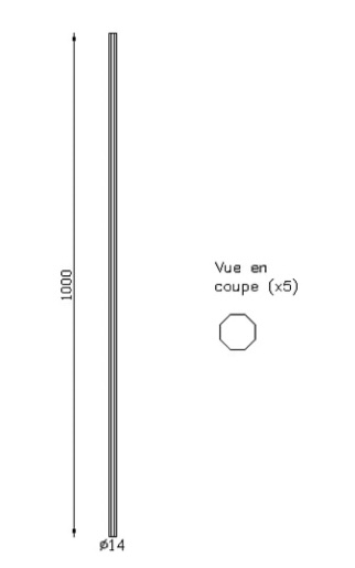 Barreau rond plein, à facettes, en fer forgé grenaillé (le grenaillage permet d'enlever l'ensemble de la calamine résultant de sa fabrication forgée). Hauteur de 1000mm et Diamètre de 14mm, avec extrémités non ébavurées. Fixation par soudure. Utilisation en intérieur ou en extérieur pour toutes sortes de fabrication en fer forgé comme un garde corps, un portail, une rampe d'escalier, une grille de défense, par exemple... Fourni brut grenaillé, à peindre ou à vernir pour le protéger contre la corrosion. équivalent 598/2