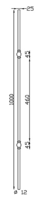 Barreau en fer forgé à facettes avec double motif bague. Diamètre de 12mm et hauteur de 1000mm Largeur du motif 25mm Hauteur du motif 45mm. Attention, ce barreau est affiné : au centre diamètre 12mm mais aux extrémités diamètre 10mm. Fixation par soudure. Utilisation en intérieur ou en extérieur pour toutes sortes de fabrication en fer forgé comme un garde corps, un portail, une rampe d'escalier, une grille de défense, par exemple... Fourni brut grenaillé, à peindre ou à vernir pour le protéger contre la corrosion.