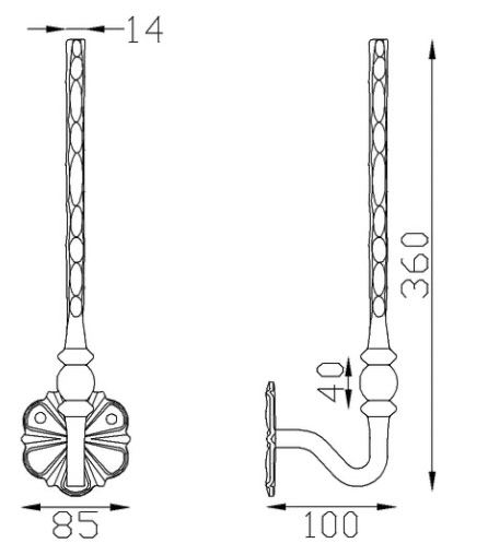 Support en équerre pour main courante, martelé, en fer forgé. Hauteur 360mm largeur 85mm avec déport du barreau de 100mm. La platine en rosace a trois trous qui permettent de la visser dans le support (mur). Le barreau est en carré plein martelé de largeur 14mm, il sera soudé à votre fabrication. Fourni brut, à peindre ou à vernir avec un produit adapté pour le protéger de la corrosion.