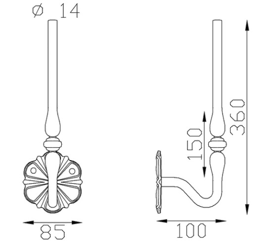 Support en équerre pour main courante, martelé avec bague, en fer forgé. Hauteur 360mm largeur 85mm avec déport du barreau de 100mm. La platine en rosace a trois trous qui permettent de la visser dans le support (mur). Le barreau est en rond plein martelé de diamètre 14mm, il sera soudé à votre fabrication. Fourni brut, à peindre ou à vernir avec un produit adapté pour le protéger de la corrosion.