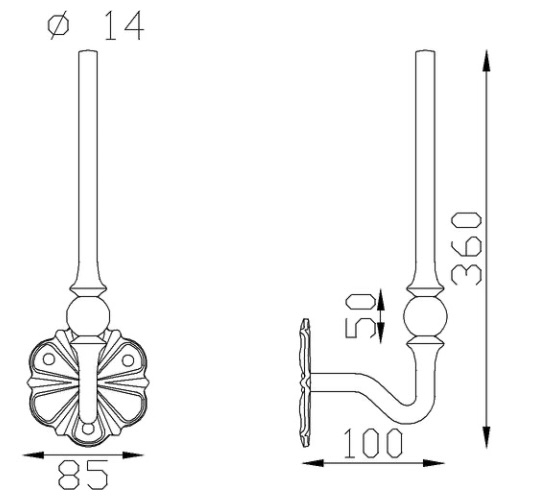 Support en équerre pour main courante, martelé, en fer forgé. Hauteur 360mm largeur 85mm avec déport du barreau de 100mm. La platine en rosace a trois trous qui permettent de la visser dans le support (mur). Le barreau est en carré rond martelé de diamètre 14mm, il sera soudé à votre fabrication. Fourni brut, à peindre ou à vernir avec un produit adapté pour le protéger de la corrosion.