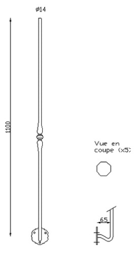 Barreau en fer forgé à facettes avec bague au centre et équerre de rampe intégrée. Diamètre de 14mm et hauteur de 1100mm Largeur du motif 40mm Hauteur du motif 65mm. Attention, ce barreau est affiné : au centre diamètre 12mm mais aux extrémités diamètre 10mm. Fixation par soudure. Utilisation en intérieur ou en extérieur pour toutes sortes de fabrication en fer forgé comme un garde corps, un portail, une rampe d'escalier, une grille de défense, par exemple... Fourni brut grenaillé, à peindre ou à vernir pour le protéger contre la corrosion.