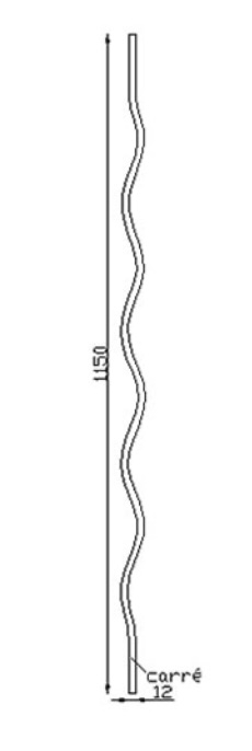 Barreau en fer forgé avec vagues en carré de 14x14mm, en fer forgé. Hauteur 1150mm. Fixation par soudure. Il trouvera son utilité dans la fabrication d'un garde corps de terrasse ou de balcon ou même une clôture en apportant de la sécurité. Fourni brut, à peindre ou à vernir. Le détail de la torsade apportera de l'élégance à votre fabrication.