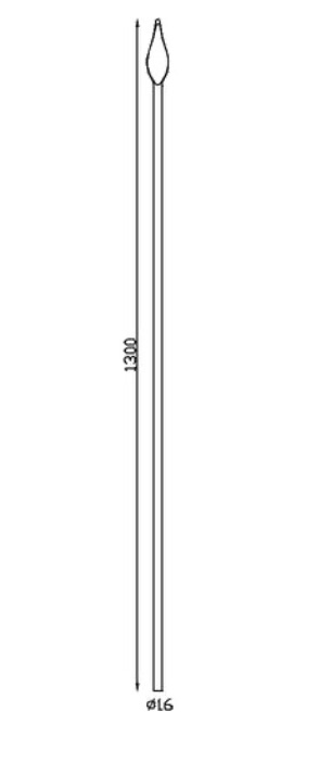 Barreau avec pointe en flamme pour clôture, en fer forgé. Hauteur 1300mm, rond lisse plein de diamètre 16mm, flamme hauteur 120mm largeur 45mm. Fixation par soudure. Fourni brut, à peindre ou à vernir pour protéger de la corrosion. Au delà de son rôle sécuritaire, il peut être un élément décoratif dans plusieurs réalisations en fer forgé tel que du mobiliers, divers objets décoratifs, des grilles de défense, des rampes d'escaliers, des portails, des kiosques, des gardes corps.