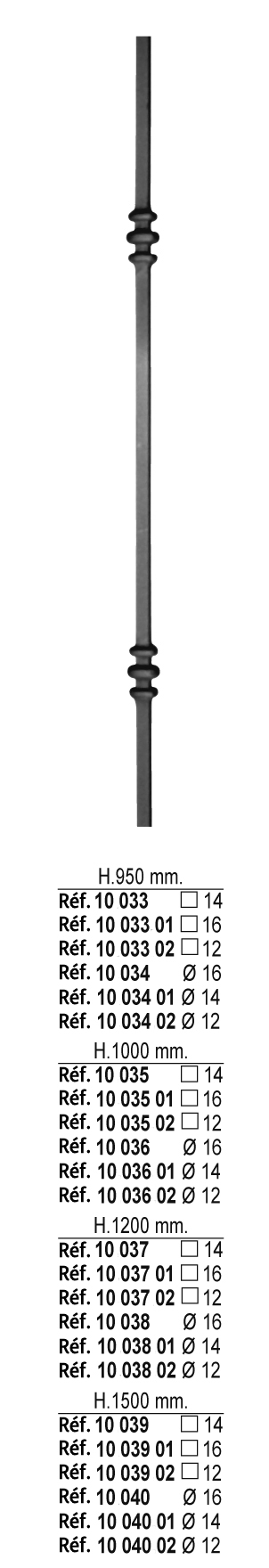 Barreau à souder en fer forgé à chaud. Section carré de 12mm et 950mm de hauteur. En acier lisse. Composé de deux motifs. Différentes hauteurs au choix.