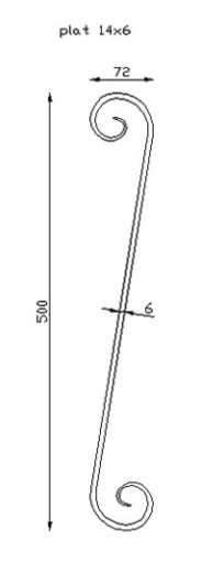 Volute en S queue de carpe. Hauteur 500mm largeur 72mm en fer plat de 14x6mm. Fixation par soudure. Permet de décorer votre fabrication en fer forgé, portail, clôture, pergola, mais également permet de renforcer la sécurité, en diminuant le vide entre barreau, ou d'augmenter le soutien. Fourni brut, à peindre ou à vernir pour protéger contre la corrosion.