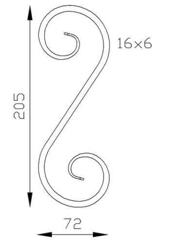 Volute en S finition queue de carpe. Hauteur 205mm largeur 72mm en fer plat de 16x6mm. Fixation par soudure. Permet de décorer votre fabrication en fer forgé, portail, clôture, pergola, mais également permet de renforcer la sécurité, en diminuant le vide entre barreau, ou d'augmenter le soutien. Fourni brut, à peindre ou à vernir pour protéger contre la corrosion.