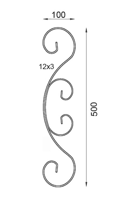 Volute en C avec ondulation accueillant une petite volute en C. Hauteur 500mm largeur 100mm en fer plat de 12x3mm. Fixation par soudure. Permet de décorer votre fabrication en fer forgé, portail, clôture, pergola, mais également permet de renforcer la sécurité, en diminuant le vide entre barreau, ou d'augmenter le soutien. Fourni brut, à peindre ou à vernir pour protéger contre la corrosion.