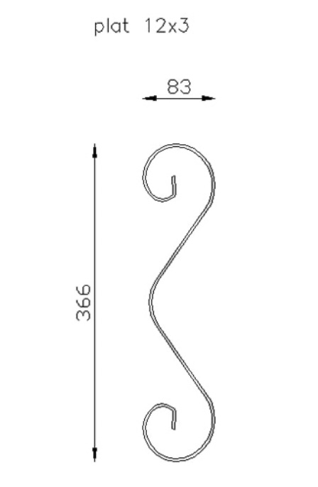 Volute en C avec ondulation. Hauteur 366mm largeur 83mm en fer plat de 12x3mm. Fixation par soudure. Permet de décorer votre fabrication en fer forgé, portail, clôture, pergola, mais également permet de renforcer la sécurité, en diminuant le vide entre barreau, ou d'augmenter le soutien. Fourni brut, à peindre ou à vernir pour protéger contre la corrosion.