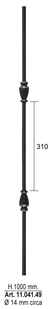 Barreau à souder en fer forgé. Section ronde de ø14mm de diamètre et 1000mm de hauteur. Vide entre les deux motifs de 310mm. En acier lisse. Composé de deux motifs. Ce barreau est la version deux motifs du barreau 1104148.