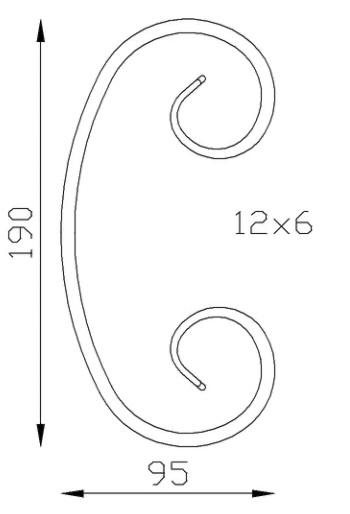 Volute en C finition queue de carpe, en fer forgé. Hauteur 190mm Largeur 95mm section en fer plat de 12x6mm. Fixation par soudure. Permet de décorer votre fabrication en fer forgé, portail, clôture, pergola, mais également permet de renforcer la sécurité, en diminuant le vide entre barreau, ou d'augmenter le soutien. Fourni brut, à peindre ou à vernir pour protéger contre la corrosion. Peut être présentée à l'horizontal ou à la vertical.