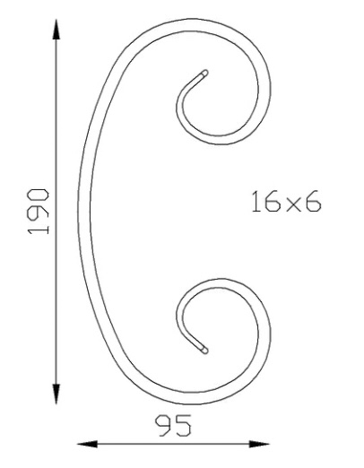 Volute en C finition queue de carpe, en fer forgé. Hauteur 190mm Largeur 95mm section en fer plat de 16x6mm. Fixation par soudure. Permet de décorer votre fabrication en fer forgé, portail, clôture, pergola, mais également permet de renforcer la sécurité, en diminuant le vide entre barreau, ou d'augmenter le soutien. Fourni brut, à peindre ou à vernir pour protéger contre la corrosion. Peut être présentée à l'horizontal ou à la vertical.