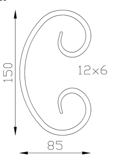 Volute en C finition queue de carpe, en fer forgé. Hauteur 150mm Largeur 85mm section en fer plat de 12x6mm. Fixation par soudure. Permet de décorer votre fabrication en fer forgé, portail, clôture, pergola, mais également permet de renforcer la sécurité, en diminuant le vide entre barreau, ou d'augmenter le soutien. Fourni brut, à peindre ou à vernir pour protéger contre la corrosion. Peut être présentée à l'horizontal ou à la vertical.