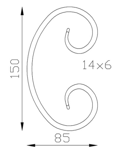 Volute en C finition queue de carpe, en fer forgé. Hauteur 150mm Largeur 85mm section en fer plat de 14x6mm. Fixation par soudure. Permet de décorer votre fabrication en fer forgé, portail, clôture, pergola, mais également permet de renforcer la sécurité, en diminuant le vide entre barreau, ou d'augmenter le soutien. Fourni brut, à peindre ou à vernir pour protéger contre la corrosion. Peut être présentée à l'horizontal ou à la vertical.