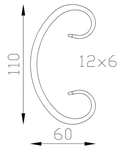 Volute en C finition queue de carpe, en fer forgé. Hauteur 110mm Largeur 60mm section en fer plat de 12x6mm. Fixation par soudure. Permet de décorer votre fabrication en fer forgé, portail, clôture, pergola, mais également permet de renforcer la sécurité, en diminuant le vide entre barreau, ou d'augmenter le soutien. Fourni brut, à peindre ou à vernir pour protéger contre la corrosion. Peut être présentée à l'horizontal ou à la vertical.