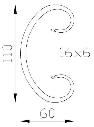 Volute en C finition queue de carpe, en fer forgé. Hauteur 110mm Largeur 60mm section en fer plat de 16x6mm. Fixation par soudure. Permet de décorer votre fabrication en fer forgé, portail, clôture, pergola, mais également permet de renforcer la sécurité, en diminuant le vide entre barreau, ou d'augmenter le soutien. Fourni brut, à peindre ou à vernir pour protéger contre la corrosion. Peut être présentée à l'horizontal ou à la vertical.