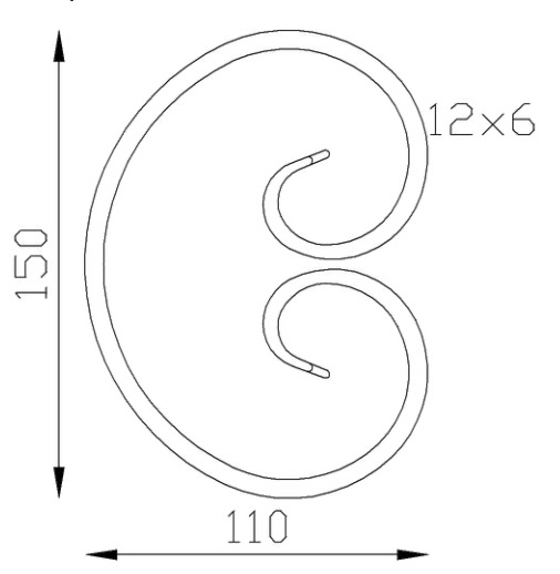 Volute en C fermé finition queue de carpe, en fer forgé. Hauteur 150mm Largeur110mm section en fer plat de 12x6mm. Fixation par soudure. Permet de décorer votre fabrication en fer forgé, portail, clôture, pergola, mais également permet de renforcer la sécurité, en diminuant le vide entre barreau, ou d'augmenter le soutien. Fourni brut, à peindre ou à vernir pour protéger contre la corrosion. Peut être présentée à l'horizontal ou à la vertical.