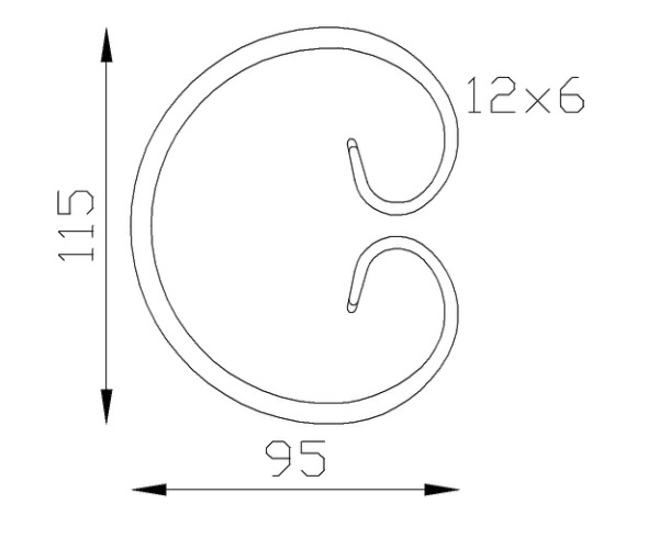 Volute en C fermé finition queue de carpe, en fer forgé. Hauteur 115mm Largeur 95mm section en fer plat de 12x6mm. Fixation par soudure. Permet de décorer votre fabrication en fer forgé, portail, clôture, pergola, mais également permet de renforcer la sécurité, en diminuant le vide entre barreau, ou d'augmenter le soutien. Fourni brut, à peindre ou à vernir pour protéger contre la corrosion. Peut être présentée à l'horizontal ou à la vertical.