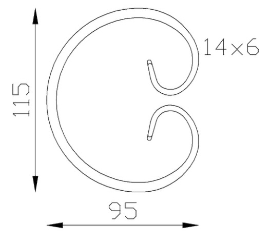 Volute en C fermé finition queue de carpe, en fer forgé. Hauteur 115mm Largeur 95mm section en fer plat de 14x6mm. Fixation par soudure. Permet de décorer votre fabrication en fer forgé, portail, clôture, pergola, mais également permet de renforcer la sécurité, en diminuant le vide entre barreau, ou d'augmenter le soutien. Fourni brut, à peindre ou à vernir pour protéger contre la corrosion. Peut être présentée à l'horizontal ou à la vertical.