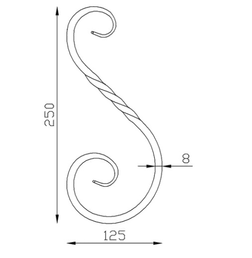 Volute en S inégale, avec une torsade au centre, finition queue de carpe, en fer forgé. Hauteur 250mm largeur 125mm en carré de largeur 8mm. Fixation par soudure. Permet de décorer votre fabrication en fer forgé, portail, clôture, pergola, mais également permet de renforcer la sécurité, en diminuant le vide entre barreau, ou d'augmenter le soutien. Fourni brut, à peindre ou à vernir pour protéger contre la corrosion.