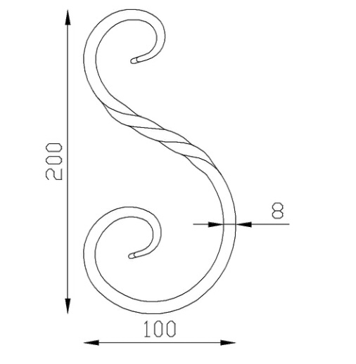 Volute en S inégale, avec une torsade au centre, finition queue de carpe, en fer forgé. Hauteur 200mm largeur 100mm en carré de largeur 8mm. Fixation par soudure. Permet de décorer votre fabrication en fer forgé, portail, clôture, pergola, mais également permet de renforcer la sécurité, en diminuant le vide entre barreau, ou d'augmenter le soutien. Fourni brut, à peindre ou à vernir pour protéger contre la corrosion.