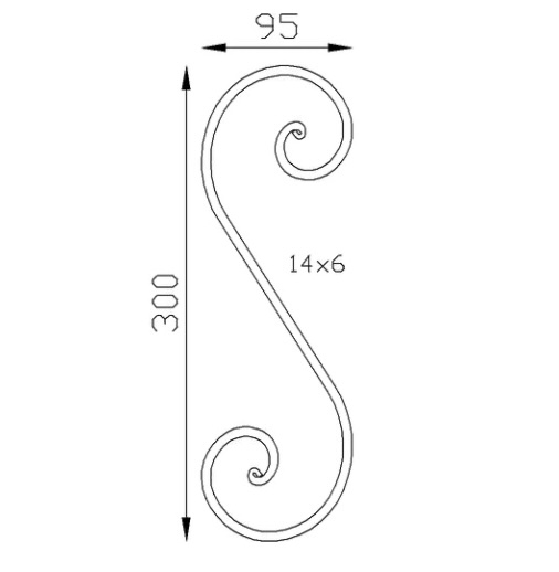 Volute en S finition à noyau, en fer forgé. Hauteur 300mm largeur 100mm profilé en fer plat de 14x6mm. Fixation par soudure. Permet de décorer votre fabrication en fer forgé, portail, clôture, pergola, mais également permet de renforcer la sécurité, en diminuant le vide entre barreau, ou d'augmenter le soutien. Fourni brut, à peindre ou à vernir pour protéger contre la corrosion.