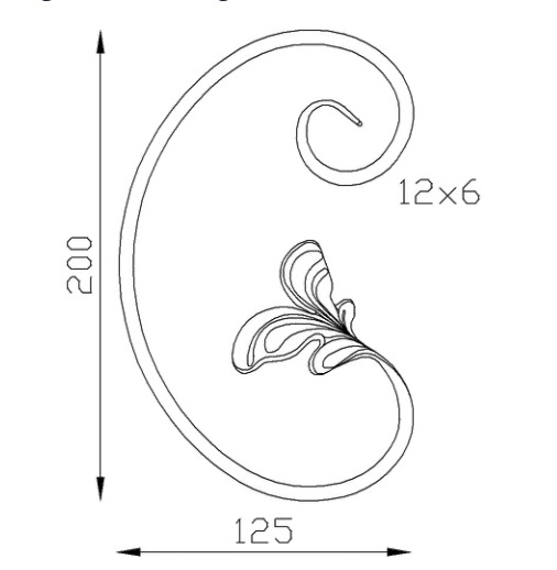 Volute en C finition feuille, modèle gauche décor double face, en fer forgé. Hauteur 200mm Largeur 125mm section en fer plat de  12x6mm. Fixation par soudure. Permet de décorer votre fabrication en fer forgé, portail, clôture, pergola, mais également permet de renforcer la sécurité, en diminuant le vide entre barreau, ou d'augmenter le soutien. Fourni brut, à peindre ou à vernir pour protéger contre la corrosion. Peut être présentée à l'horizontal ou à la vertical.