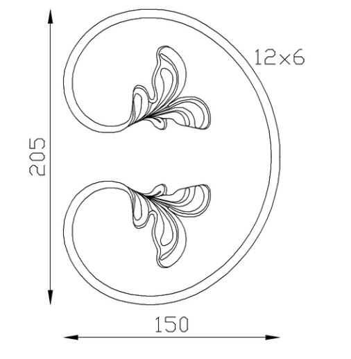 Volute en C finition feuilles, en fer forgé. Hauteur 205mm Largeur 150mm section en fer plat de  12x6mm. Fixation par soudure. Permet de décorer votre fabrication en fer forgé, portail, clôture, pergola, mais également permet de renforcer la sécurité, en diminuant le vide entre barreau, ou d'augmenter le soutien. Fourni brut, à peindre ou à vernir pour protéger contre la corrosion. Peut être présentée à l'horizontal ou à la vertical.