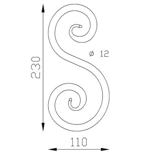 Volute en S finition patte d'oie. Hauteur 230mm largeur 110mm en fer rond de diamètre 12mm. Fixation par soudure. Permet de décorer votre fabrication en fer forgé, portail, clôture, pergola, mais également permet de renforcer la sécurité, en diminuant le vide entre barreau, ou d'augmenter le soutien. Fourni brut, à peindre ou à vernir pour protéger contre la corrosion.