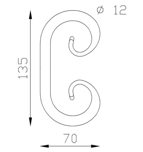 Volute en C finition pattes d'oie, en fer forgé. Hauteur 135mm Largeur 70mm section en rond diamètre 12mm. Fixation par soudure. Permet de décorer votre fabrication en fer forgé, portail, clôture, pergola, mais également permet de renforcer la sécurité, en diminuant le vide entre barreau, ou d'augmenter le soutien. Fourni brut, à peindre ou à vernir pour protéger contre la corrosion. Peut être présentée à l'horizontal ou à la vertical.