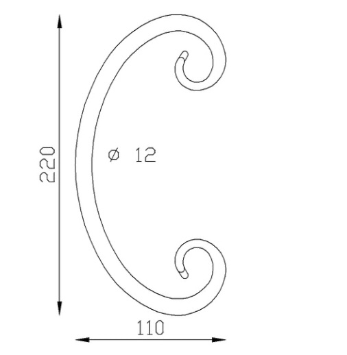 Volute en C finition pattes d'oie, en fer forgé. Hauteur 220mm Largeur 110mm section en rond diamètre 12mm. Fixation par soudure. Permet de décorer votre fabrication en fer forgé, portail, clôture, pergola, mais également permet de renforcer la sécurité, en diminuant le vide entre barreau, ou d'augmenter le soutien. Fourni brut, à peindre ou à vernir pour protéger contre la corrosion. Peut être présentée à l'horizontal ou à la vertical.