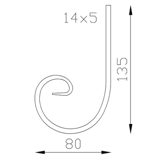 Demi volute en C finition coupe droite, en fer forgé. Hauteur 135mm Largeur 80mm section en fer plat de 14x5mm. Fixation par soudure. Permet de décorer votre fabrication en fer forgé, portail, clôture, pergola, mais également permet de renforcer la sécurité, en diminuant le vide entre barreau, ou d'augmenter le soutien. Fourni brut, à peindre ou à vernir pour protéger contre la corrosion. Peut être présentée à l'horizontal ou à la vertical.