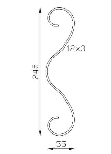 Volute en C finition coupe droite avec U central, en fer forgé. Hauteur 240mm Largeur 55mm section en fer plat de  12x3mm. Fixation par soudure. Permet de décorer votre fabrication en fer forgé, portail, clôture, pergola, mais également permet de renforcer la sécurité, en diminuant le vide entre barreau, ou d'augmenter le soutien. Fourni brut, à peindre ou à vernir pour protéger contre la corrosion. Peut être présentée à l'horizontal ou à la vertical.