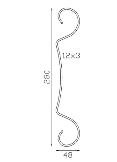 Volute en C finition coupe droite avec plat central, en fer forgé. Hauteur 280mm Largeur 60mm section en fer plat de  12x3mm. Fixation par soudure. Permet de décorer votre fabrication en fer forgé, portail, clôture, pergola, mais également permet de renforcer la sécurité, en diminuant le vide entre barreau, ou d'augmenter le soutien. Fourni brut, à peindre ou à vernir pour protéger contre la corrosion. Peut être présentée à l'horizontal ou à la vertical.