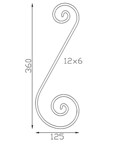 Volute en S inégale finition coupe droite. Hauteur 360mm largeur 125mm en fer plat lisse de 12x6mm. Fixation par soudure. Permet de décorer votre fabrication en fer forgé, portail, clôture, pergola, mais également permet de renforcer la sécurité, en diminuant le vide entre barreau, ou d'augmenter le soutien. Fourni brut, à peindre ou à vernir pour protéger contre la corrosion.