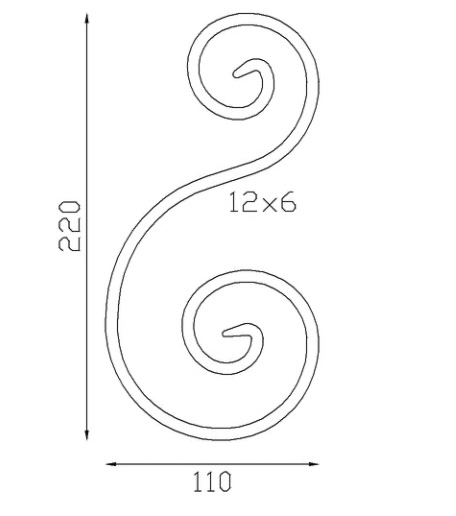 Volute en S inégale finition coupe droite. Hauteur 220mm largeur 110mm en fer plat lisse de 12x6mm. Fixation par soudure. Permet de décorer votre fabrication en fer forgé, portail, clôture, pergola, mais également permet de renforcer la sécurité, en diminuant le vide entre barreau, ou d'augmenter le soutien. Fourni brut, à peindre ou à vernir pour protéger contre la corrosion.