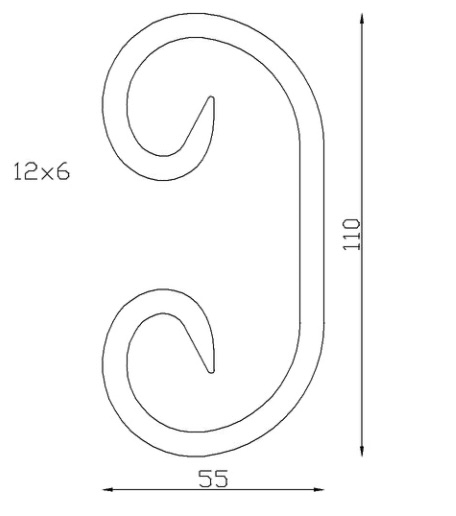 Volute en C finition coupe droite, en fer forgé. Hauteur 117mm largeur 60mm profilé en fer plat lisse de 12x6mm. Fixation par soudure. Permet de décorer votre fabrication en fer forgé, dessus de portail, clôture, pergola, mais également permet de renforcer la sécurité, en diminuant le vide entre barreau, ou d'augmenter le soutien. Présentation à l'horizontale ou à la verticale. Fourni brut, à peindre ou à vernir pour protéger contre la corrosion.