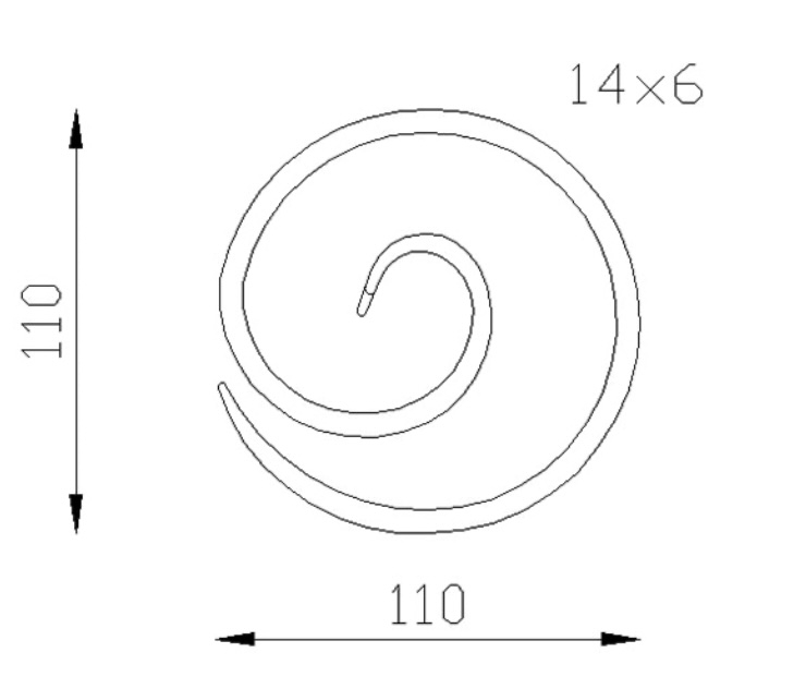 Cercle escargot décoratif, en fer forgé. Diamètre 110mm profilé en fer plat de 14x6mm. Fixation par soudure. Permet de décorer avec un style art moderne votre fabrication en fer forgé, portail, clôture, pergola, mais également permet de renforcer la sécurité, en diminuant le vide entre barreau, ou d'augmenter le soutien. Fourni brut, à peindre ou à vernir pour protéger contre la corrosion.