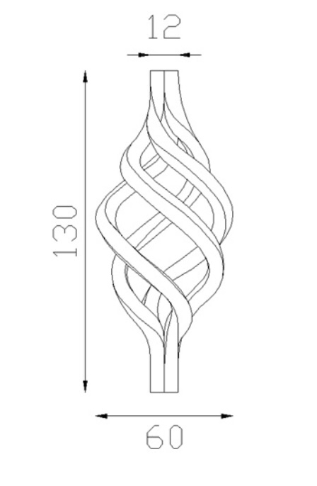 Torsade de barreaux carrés, en fer forgé. Compatible avec des barreaux de largeur 12mm. Hauteur de 130mm et Largeur de 60mm. Cet ornement habillera vos barreaux de grilles de défense, portails, escaliers par exemple. Fixation par soudure. Fournie brut, à peindre ou à vernir avec un produit adapté pour la protection contre la corrosion.