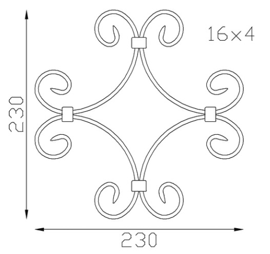 Volute en C finition coupe droite composition de 4 volutes en forme de losange, en fer forgé. Hauteur 230mm Largeur 230mm section en fer plat de  16x4mm. Fixation par soudure. Permet de décorer votre fabrication en fer forgé, portail, clôture, pergola, mais également permet de renforcer la sécurité, en diminuant le vide entre barreau, ou d'augmenter le soutien. Fourni brut, à peindre ou à vernir pour protéger contre la corrosion. Peut être présentée à l'horizontal ou à la vertical.