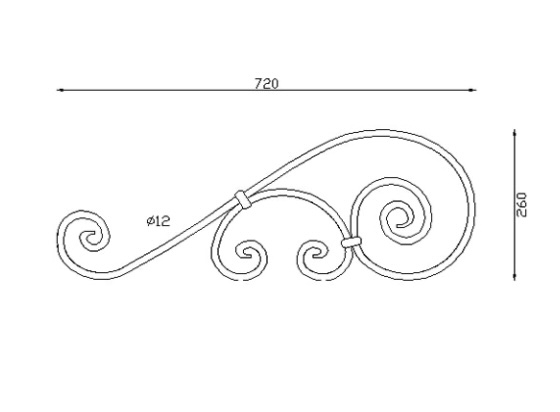 Longue volute en S finition coupe droite, avec petite volute en C, en fer forgé. Hauteur 720mm largeur 260mm profilé en fer rond de diamètre 12mm. Fixation par soudure. Permet de décorer votre fabrication en fer forgé, dessus de portail, clôture, pergola, mais également permet de renforcer la sécurité, en diminuant le vide entre barreau, ou d'augmenter le soutien. Présentation à l'horizontale ou à la verticale. Fourni brut, à peindre ou à vernir pour protéger contre la corrosion.