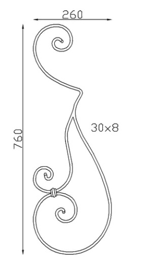 Longue volute en S finition coupe droite, avec petite volute en C, en fer forgé. Hauteur 760mm largeur 260mm profilé en fer plat de 30x8mm. Fixation par soudure. Permet de décorer votre fabrication en fer forgé, dessus de portillon, clôture, pergola, mais également permet de renforcer la sécurité, en diminuant le vide entre barreau, ou d'augmenter le soutien. Présentation à l'horizontale ou à la verticale. Fourni brut, à peindre ou à vernir pour protéger contre la corrosion.