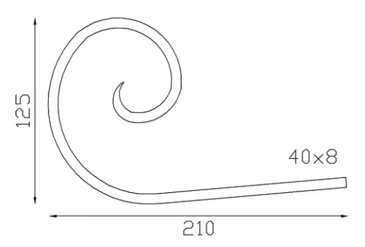 Demi volute ou crosse de finition, finition queue de carpe, en fer forgé. Hauteur 210mm Largeur125mm section en fer plat de 40x8mm. Fixation par soudure. Permet de décorer votre fabrication en fer forgé, portail, clôture, pergola, mais également permet de renforcer la sécurité, en diminuant le vide entre barreau, ou d'augmenter le soutien. Fourni brut, à peindre ou à vernir pour protéger contre la corrosion. Peut être présentée à l'horizontal ou à la vertical.