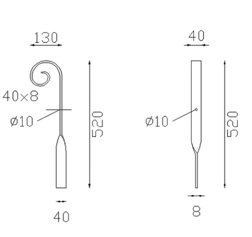 Volute de finition de pergola, en C finition queue de carpe, en fer forgé. Hauteur 520mm Largeur 130mm section en fer plat de 40x8mm. Fixation par soudure. Permet de décorer votre fabrication en fer forgé, portail, clôture, pergola, mais également permet de renforcer la sécurité, en diminuant le vide entre barreau, ou d'augmenter le soutien. Fourni brut, à peindre ou à vernir pour protéger contre la corrosion. Peut être présentée à l'horizontal ou à la vertical.