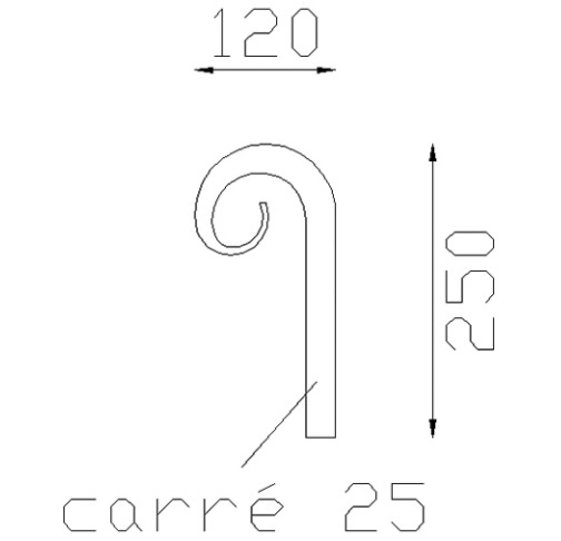 Volute de finition de pergola, en C finition queue de carpe, en fer forgé. Longueur 250mm Largeur 120mm section en carré de largeur 25mm. Fixation par soudure. Permet de décorer votre fabrication en fer forgé, portail, clôture, pergola, mais également permet de renforcer la sécurité, en diminuant le vide entre barreau, ou d'augmenter le soutien. Fourni brut, à peindre ou à vernir pour protéger contre la corrosion. Peut être présentée à l'horizontal ou à la vertical.