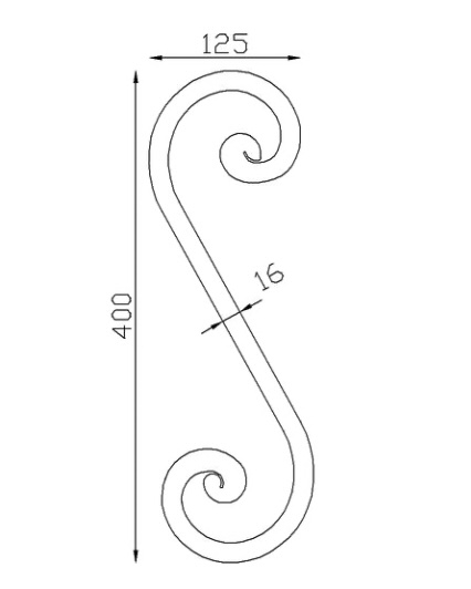 Volute en S finition à noyau, en fer forgé. Hauteur 400mm largeur 125mm profilé en carré de largeur 16mm. Fixation par soudure. Permet de décorer votre fabrication en fer forgé, portail, clôture, pergola, mais également permet de renforcer la sécurité, en diminuant le vide entre barreau, ou d'augmenter le soutien. Fourni brut, à peindre ou à vernir pour protéger contre la corrosion.